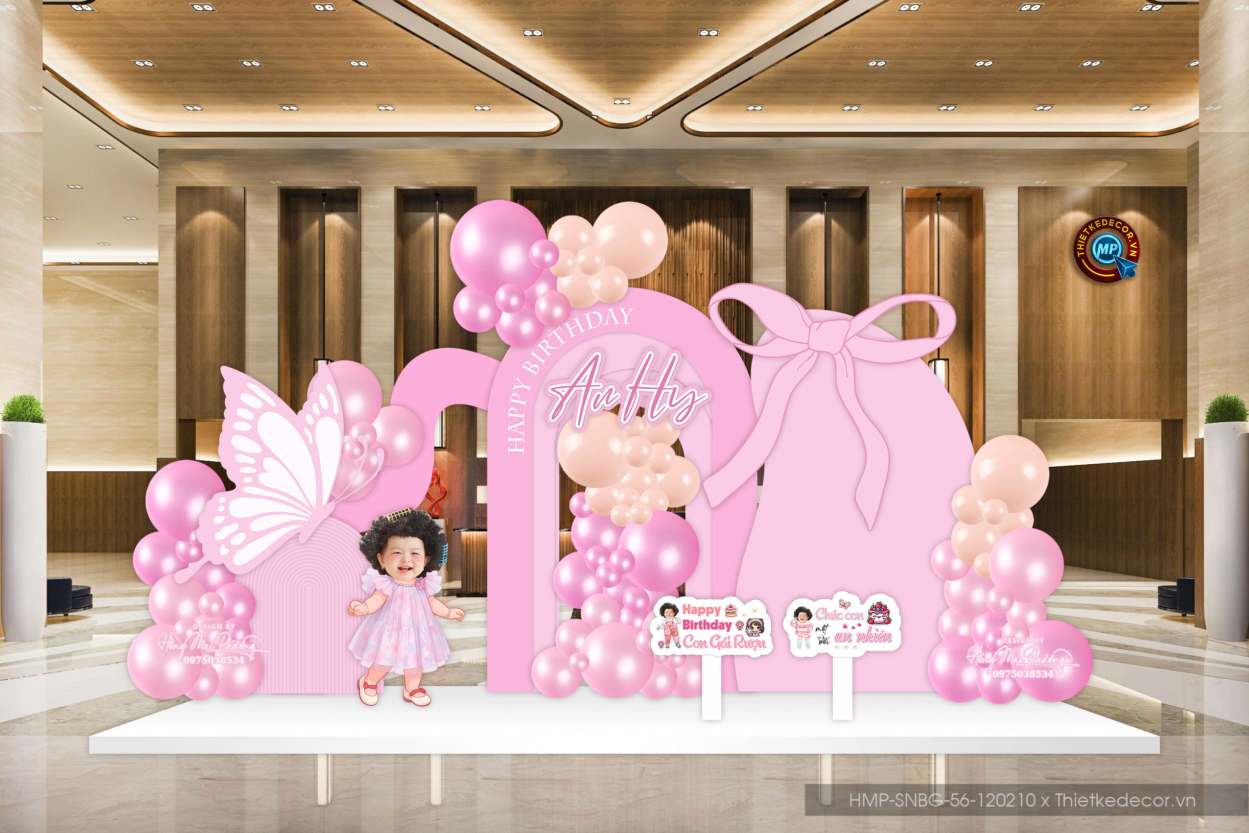 Sinh nhật bé gái tone hồng đính bướm điệu đà